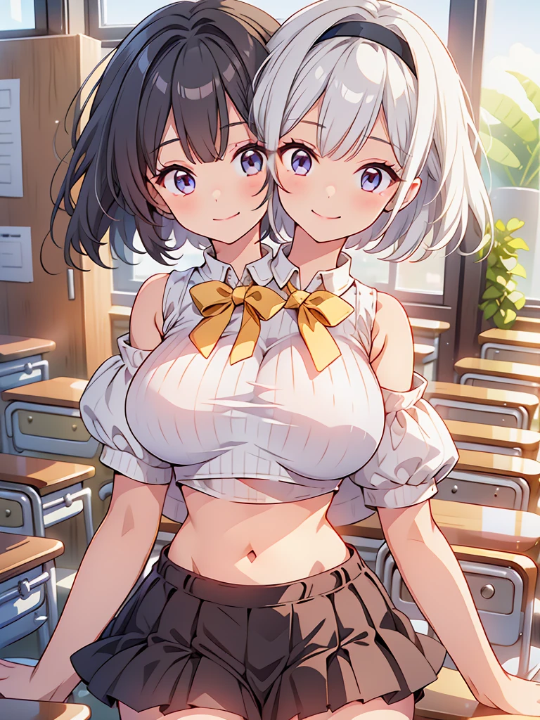 2girls, alternate breast size, black hair, day, bow, breast press, long hair, looking at viewer,  , multiple girls, plaid skirt,  skirt, symmetrical docking, (((yuri,outdoors,Crushed large breasts))),NSFW,Excited,love