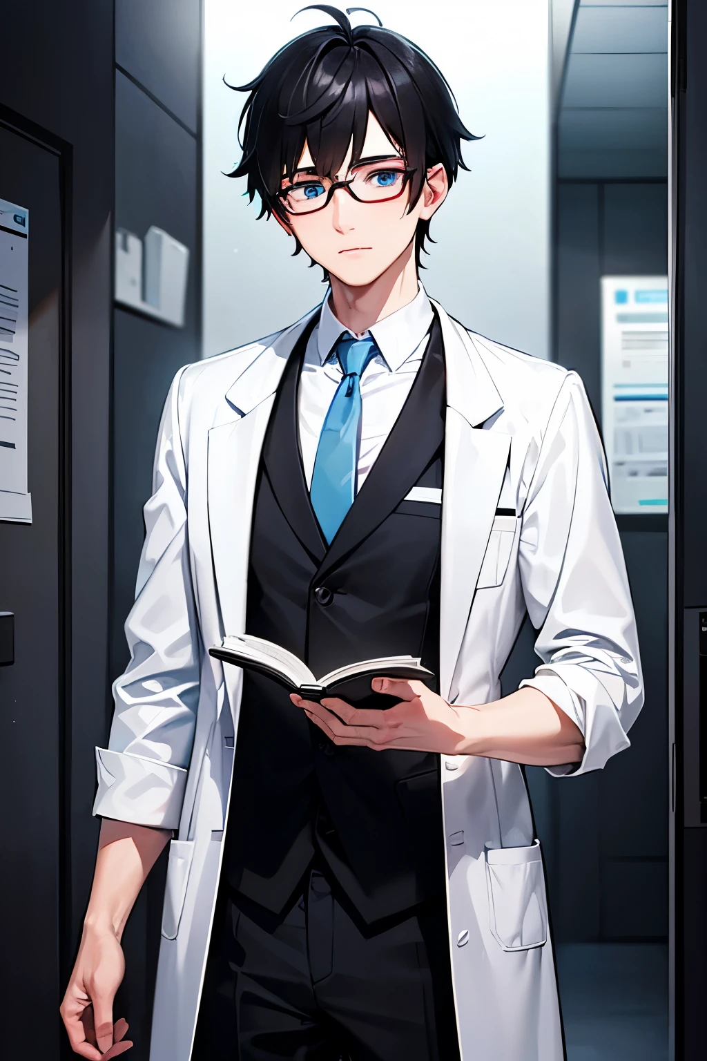 28 year old man with short black hair, reading glasses, light blue eyes. White skin, somewhat marked body, with black dress shirt, a red dress vest, doctor's coat, Red tie, Red pants. On his robe he has a red cross, since he is a doctor. Also having black cat ears and tail.