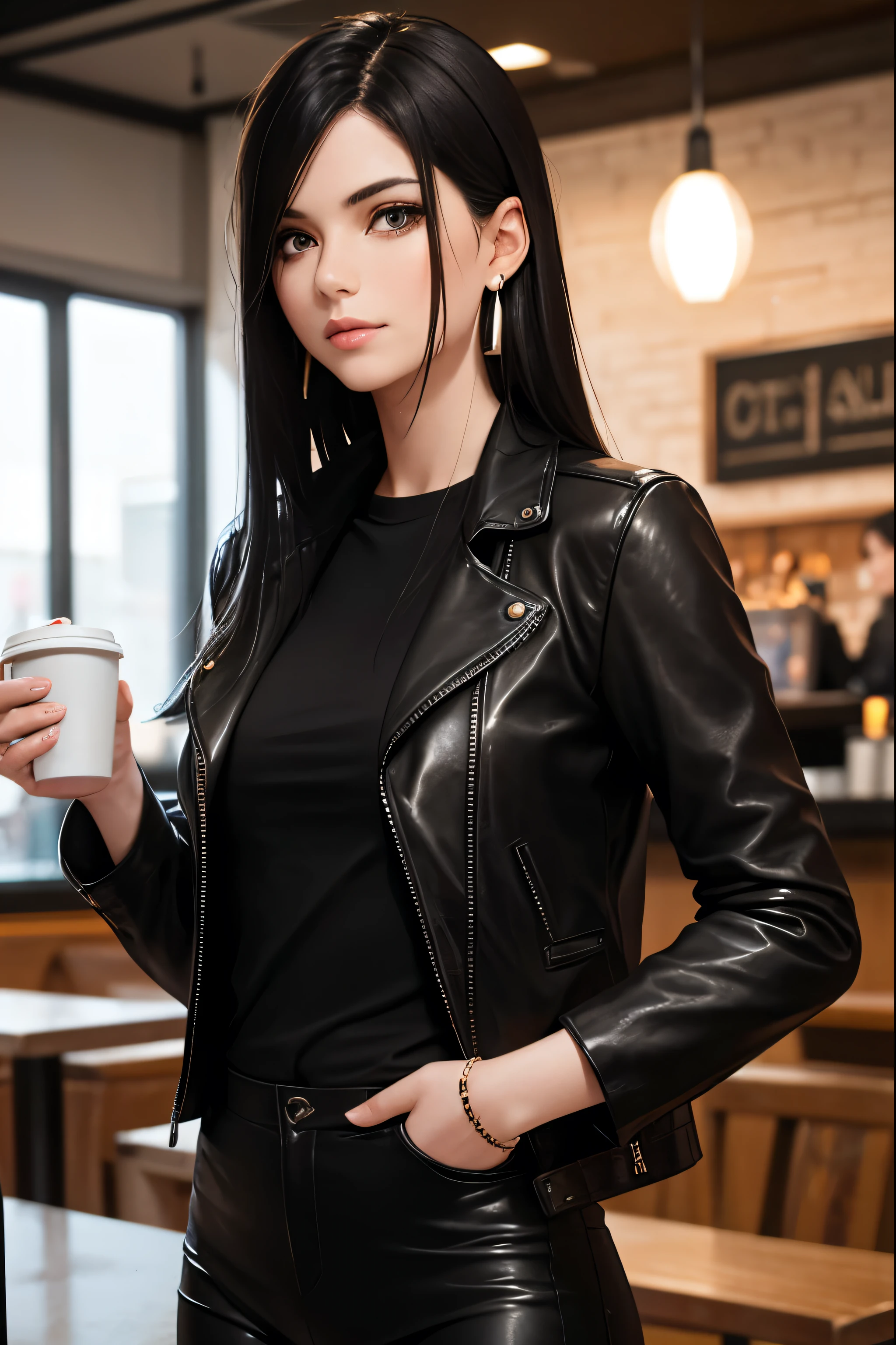 Woman, Black Hair, Straight Hair, Pale Skin, Gray Eyes, Many Earrings, Leather Pants, Black Shirt, (Black Leather Jacket), Carrying Guitar Case, in Coffee Shop