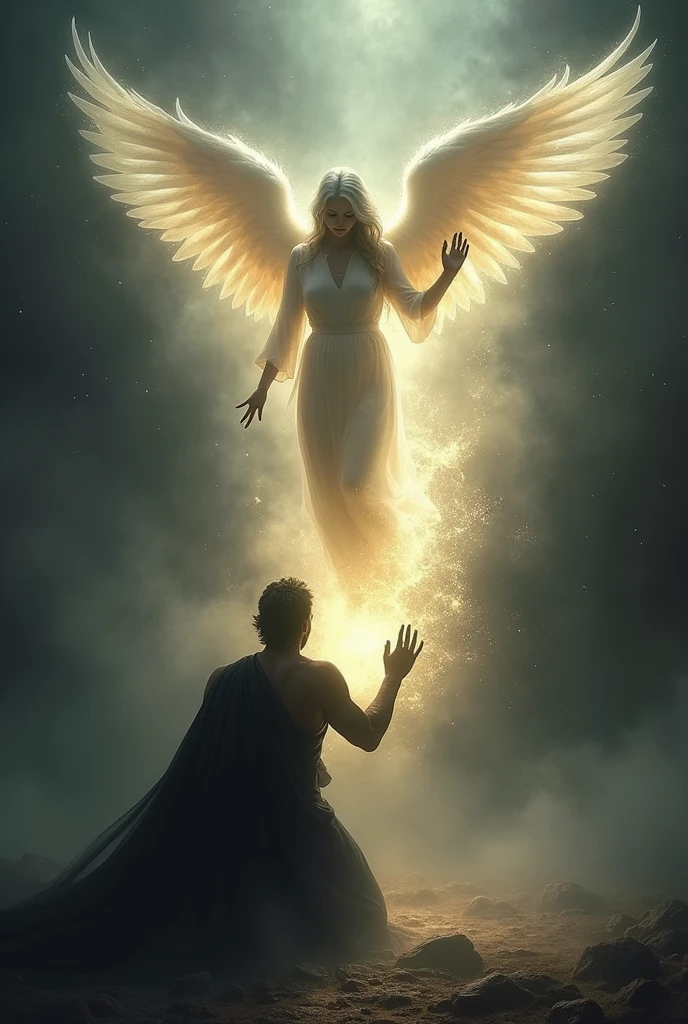 Angel removing evil spirit from man