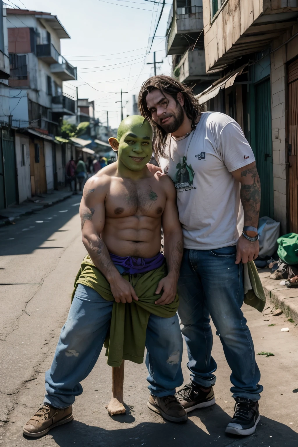 Create the character Shrek dressed as a homeless person WITH A COUPLE GAY
IN A FAVELA BRASILEIRA