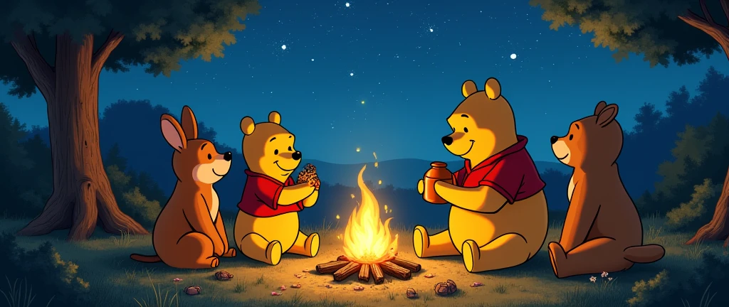 Winnie the Pooh，honeypot，cute，Starry Sky，Around the bonfire with friends