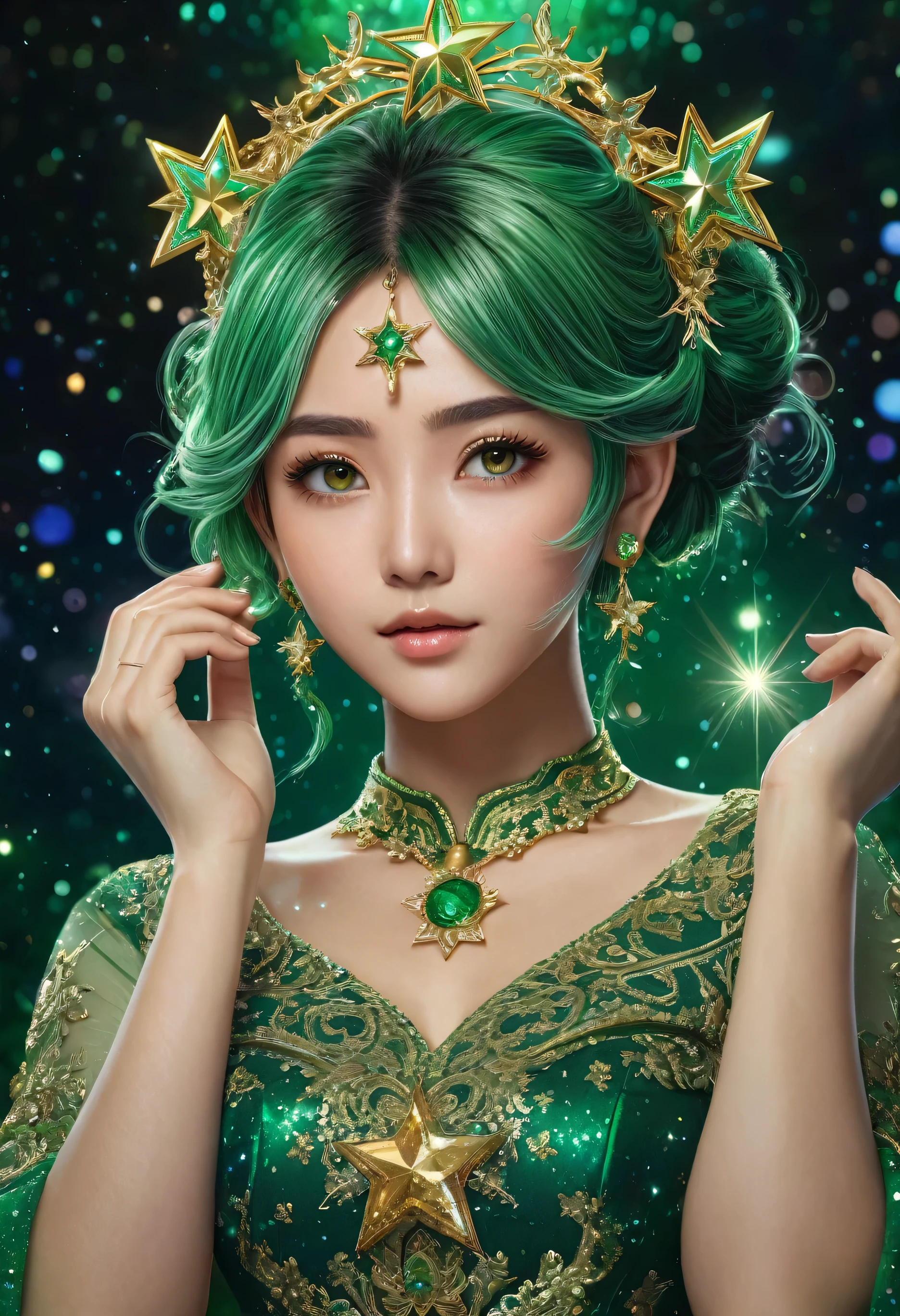 matte painting of a green haired anime girl with sparkling brown eyes with Star motif, wearing a traditional green kebaya, holding hair, her hand is wearing a sparkling green ring, detailed glitter, deep color, fantastic, intricate details, splash screen, complementary colors, fantasy concept art, 8k resolution is trending in Artstation Unreal Engine 5 " glamorous and glittering, with Realistic Glitter Sequined Portrait. 4k, very detail, whole body