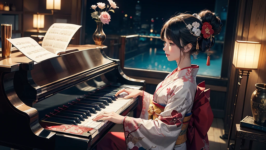 (Tabletop, Highest qualityの, Highest quality, Official Art, beautifully、aesthetic:1.2), (1 girl),Fancy costumes(Gorgeous Japanese kimono(colorful kimono(Detailed embroidery))), Very detailed,(Fractal Art),colorful,Best DetailsCreate an illustration of an anime-style character who is sitting at a grand piano, playing the keys. The character should be positioned so that their side profile is visible, clearly showing them engaged with the piano. The character should be wearing a colorful and vibrant furisode (a type of traditional long-sleeved kimono). The color palette should be bright and pop, creating an energetic and cheerful atmosphere. Additionally, the character’s hairstyle should be styled in an oiran (traditional courtesan) fashion, which typically includes elaborate hair ornaments and a sophisticated updo. Ensure that the character’s hands are accurately and naturally positioned on the piano keys, with detailed and proportionate fingers. The character’s eyes should be expressive and well-aligned, reflecting joy and immersion in the music. The overall image should exude a lively and dynamic vibe. The background can complement the character with equally vivid and playful colors, perhaps including musical notes or other elements that emphasize the musical theme. This illustration should be eye-catching and full of life, capturing the essence of a vibrant and engaging scene.
