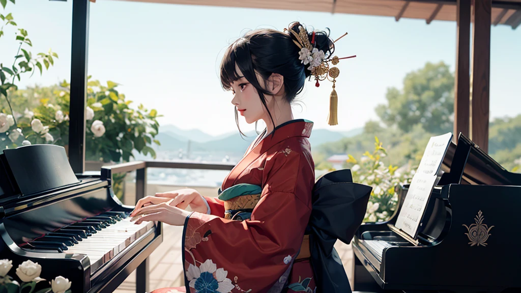 (Tabletop, Highest qualityの, Highest quality, Official Art, beautifully、aesthetic:1.2), (1 girl),Fancy costumes(Gorgeous Japanese kimono(colorful kimono(Detailed embroidery))), Very detailed,(Fractal Art),colorful,Best DetailsCreate an illustration of an anime-style character who is sitting at a grand piano, playing the keys. The character should be positioned so that their side profile is visible, clearly showing them engaged with the piano. The character should be wearing a colorful and vibrant furisode (a type of traditional long-sleeved kimono). The color palette should be bright and pop, creating an energetic and cheerful atmosphere. Additionally, the character’s hairstyle should be styled in an oiran (traditional courtesan) fashion, which typically includes elaborate hair ornaments and a sophisticated updo. Ensure that the character’s hands are accurately and naturally positioned on the piano keys, with detailed and proportionate fingers. The character’s eyes should be expressive and well-aligned, reflecting joy and immersion in the music. The overall image should exude a lively and dynamic vibe. The background can complement the character with equally vivid and playful colors, perhaps including musical notes or other elements that emphasize the musical theme. This illustration should be eye-catching and full of life, capturing the essence of a vibrant and engaging scene.