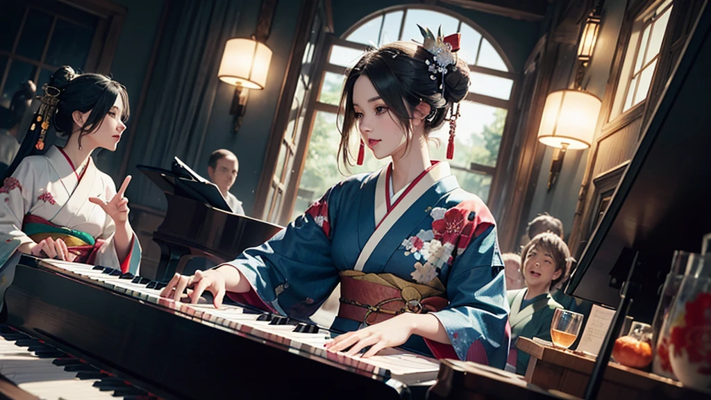 (Tabletop, Highest qualityの, Highest quality, Official Art, beautifully、aesthetic:1.2), (1 girl),Fancy costumes(Gorgeous Japanese kimono(colorful kimono(Detailed embroidery))), Very detailed,(Fractal Art),colorful,Best DetailsCreate an illustration of an anime-style character who is sitting at a grand piano, playing the keys. The character should be positioned so that their side profile is visible, clearly showing them engaged with the piano. The character should be wearing a colorful and vibrant furisode (a type of traditional long-sleeved kimono). The color palette should be bright and pop, creating an energetic and cheerful atmosphere. Additionally, the character’s hairstyle should be styled in an oiran (traditional courtesan) fashion, which typically includes elaborate hair ornaments and a sophisticated updo. Ensure that the character’s hands are accurately and naturally positioned on the piano keys, with detailed and proportionate fingers. The character’s eyes should be expressive and well-aligned, reflecting joy and immersion in the music. The overall image should exude a lively and dynamic vibe. The background can complement the character with equally vivid and playful colors, perhaps including musical notes or other elements that emphasize the musical theme. This illustration should be eye-catching and full of life, capturing the essence of a vibrant and engaging scene.