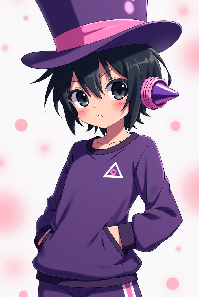 An anime character with black hair, brown skin, black eyes, on his head in the right corner there is a purple top hat with a pink ribbon and on his left ear there is a device that is shaped like a triangle and is purple and pink in color. His clothes are a sweatshirt and shorts, all with the purple and pink color palettes of the male gender.