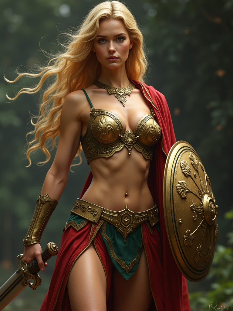 An Amazon posing with confidence and courage. Body: the face is a fusion of Christina Hendricks and Jessica Chastain. She has a very long blonde hair. The and hips are big and very strong and toned huge. The waist is tiny. Clothes: Amazon armoured suit. The armor is bright gold with crimson and green Flowers details. She has a long sword and a shield with lily relief symbol. Image style and definition: ultra realistic photo, feminine figure, portraits, Reductionist form, mujercore, bold lines, an Inferior Physical Goddess