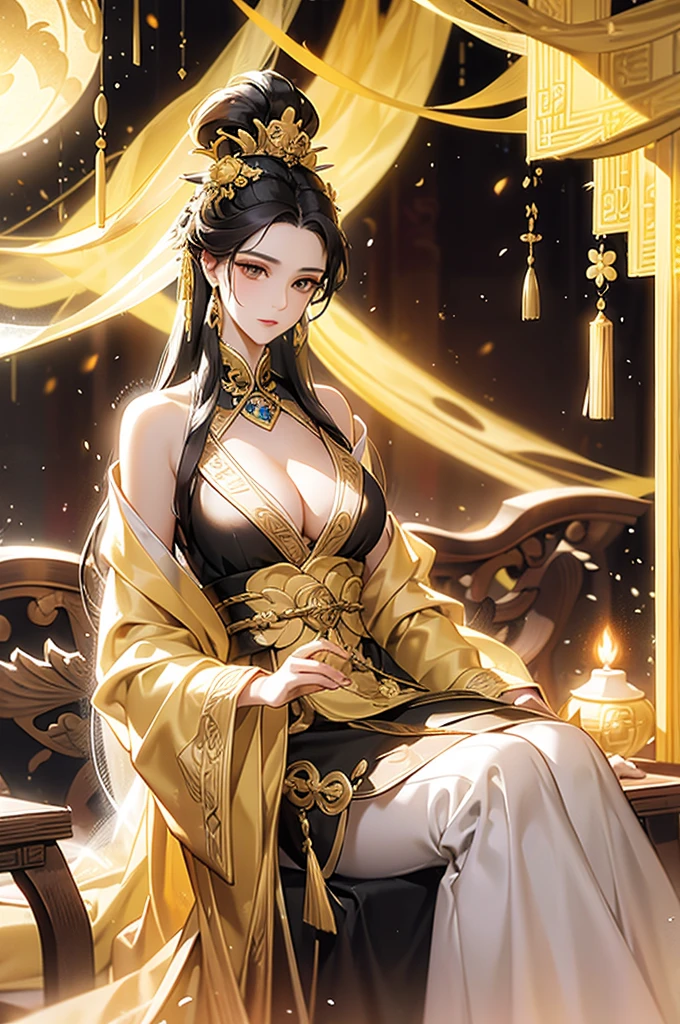 Black Hair, Immortal, Beauty, Royal sister, Stepmother, Gold Yellow Taoist robe, Golden Phoenix Coronet, Hair Bunch, Beautiful Breasts , Mature Woman，Sunshine