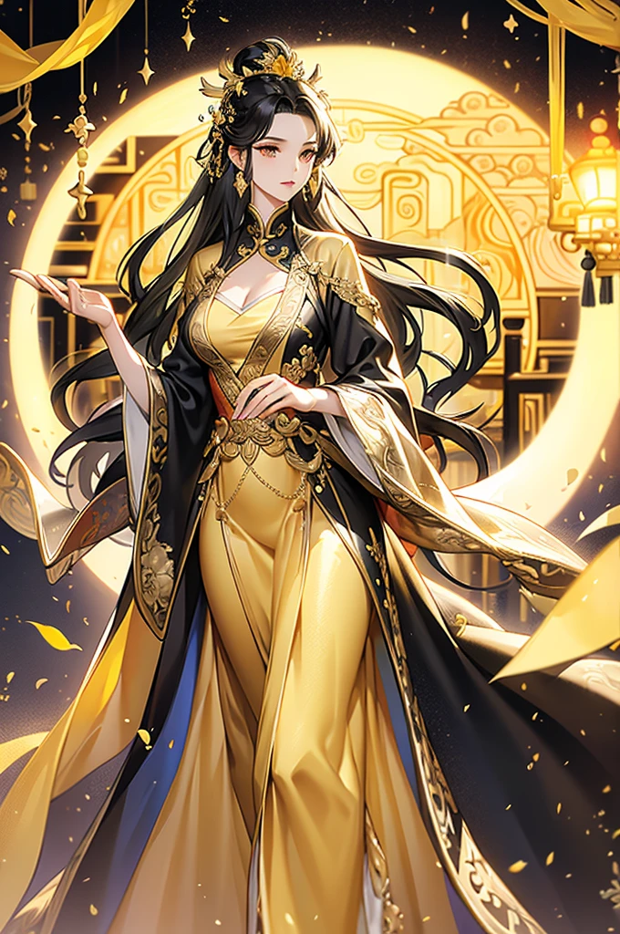 Black Hair, Immortal, Beauty, Royal sister, Stepmother, Gold Yellow Taoist robe, Golden Phoenix Coronet, Hair Bunch, Beautiful Breasts , Mature Woman，Sunshine