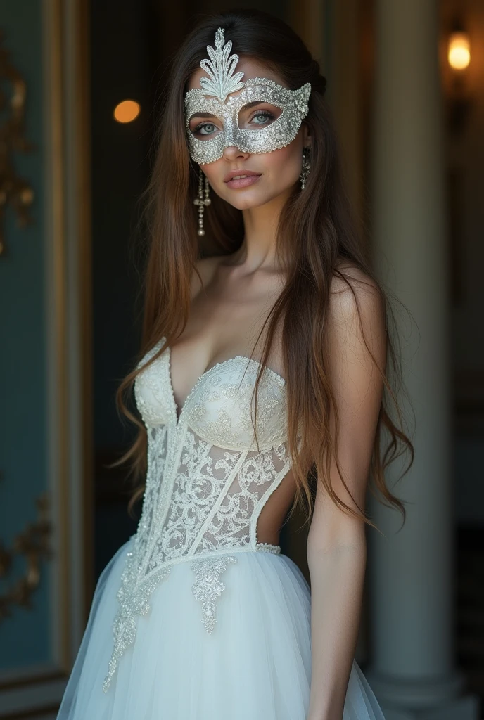 A thin woman with blue eyes and very long loose hair and a white dress but everything can be seen at a masquerade ball 