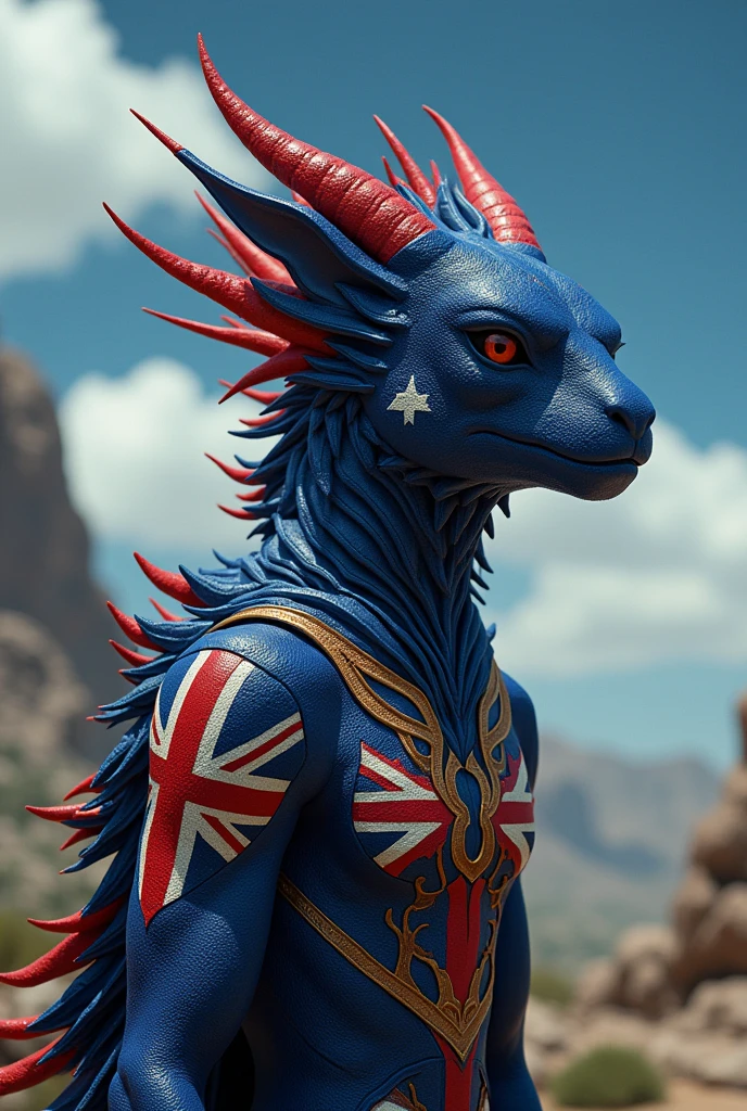 Australia as an oceanic League of Legend creature iin navy blue, red and white colors (inspired in Union Jack) and white South-cross constellation. Intricated clothing. Cinematic Fantasy sci-fi landscape background