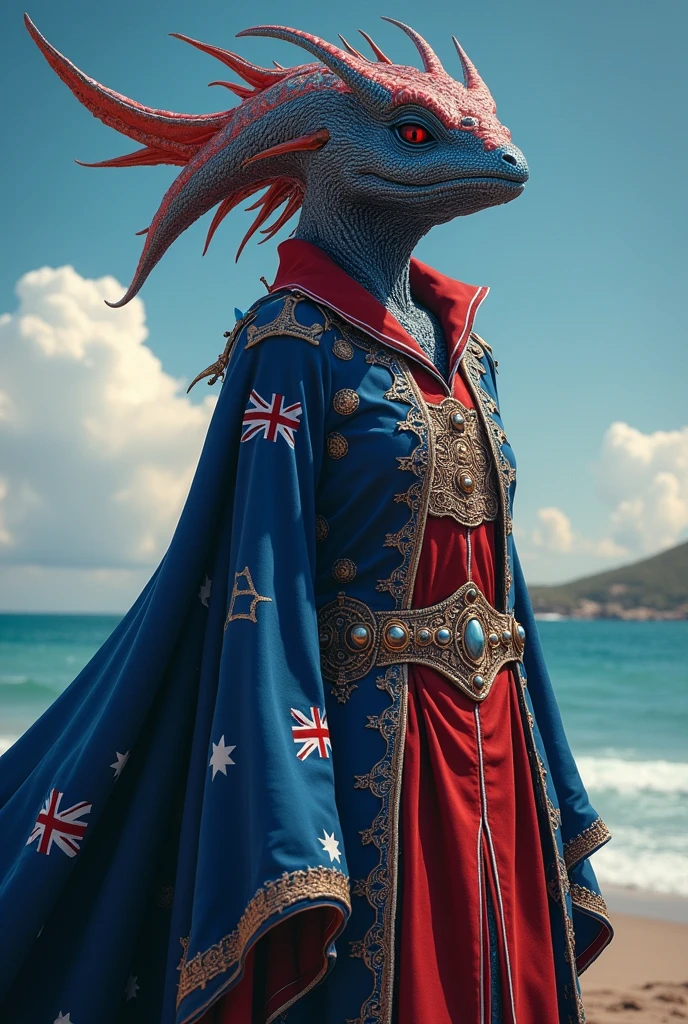 Australia as an oceanic League of Legend creature iin navy blue, red and white colors (inspired in Union Jack) and white South-cross constellation. Intricated clothing. Cinematic Fantasy sci-fi landscape background