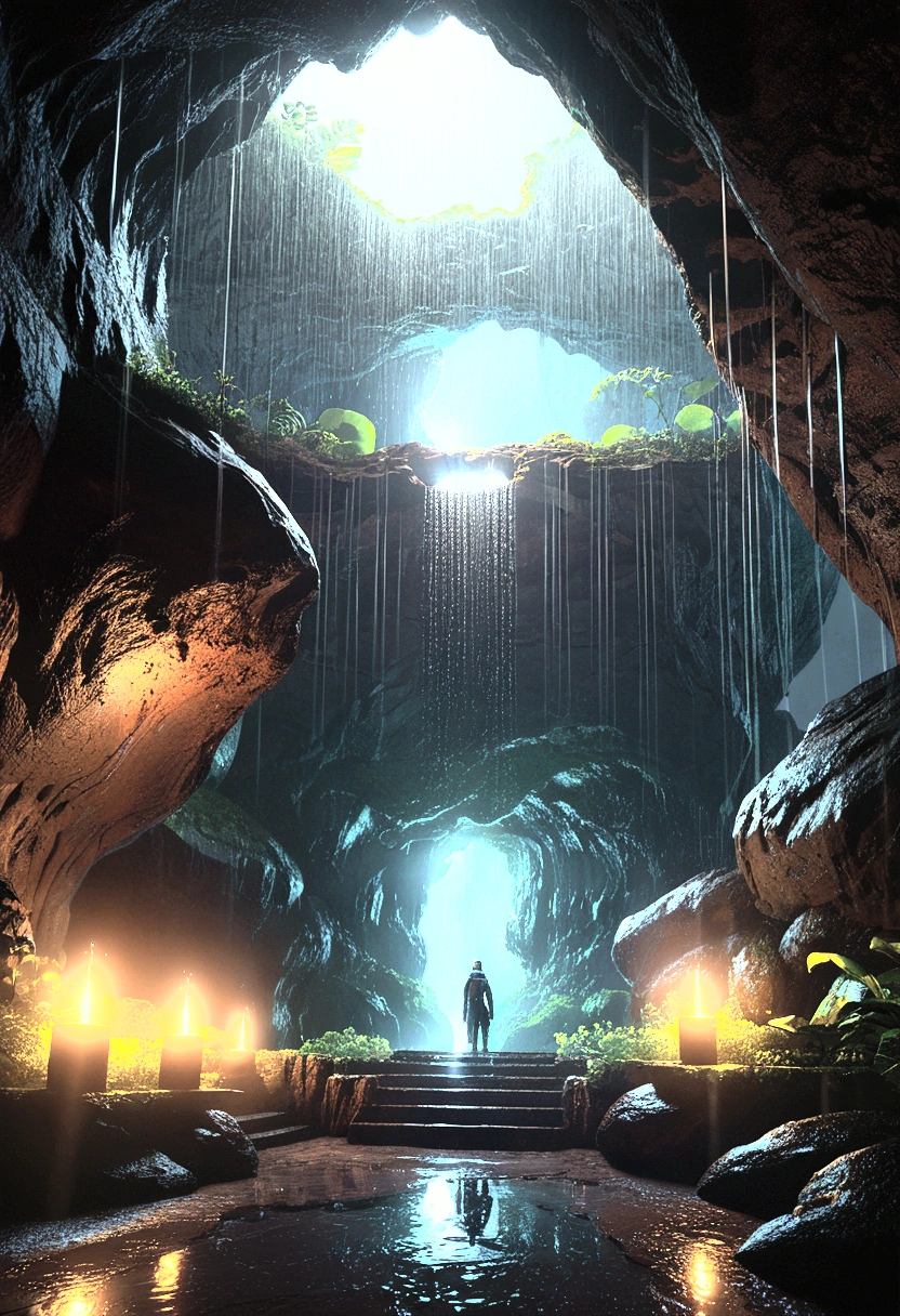 ultra-detailed, fantasy,world,Nature,,　cave exit,rain,unmanned