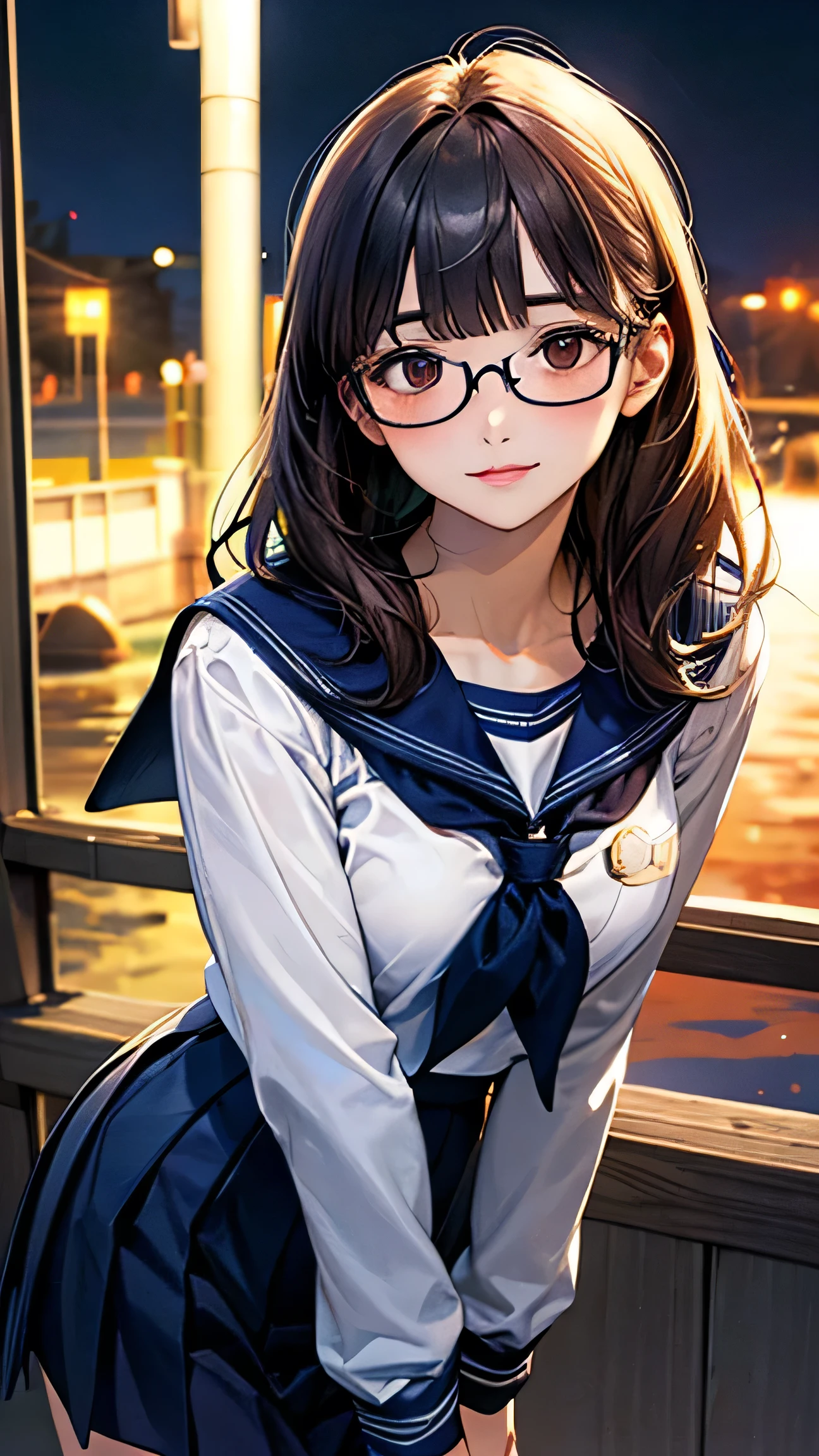 (masterpiece:1.2, Highest quality), (Realistic, photoRealistic:1.4), Beautiful illustrations, (Natural Side Lighting, Cinema Lighting),
View your audience, Cowboy Shot, Front view:0.6, 1 girl, Japanese, Junior high school girl, , Perfect Face, cute and symmetrical face, Glowing Skin, (Upper Body),
(Long Hair, Bobcut, bionde), Blunt bangs, Dark brown eyes, Long eyelashes, (Large Breasts:0.5),
Beautiful Hair, Beautiful Face, Beautiful attention to detail, Beautiful clavicle, Beautiful body, Beautiful breasts, Beautiful thighs, Beautiful legs, Beautiful fingers,
((Detailed cloth texture, long sleeves navy cute sailor suit, Navy Pleated Skirt, Navy sailor collar, Green sailor scarf)),
(Beautiful views), evening, River side, Are standing, (cute, cute smile, Upward glance, Kissing Face,Wearing glasses),