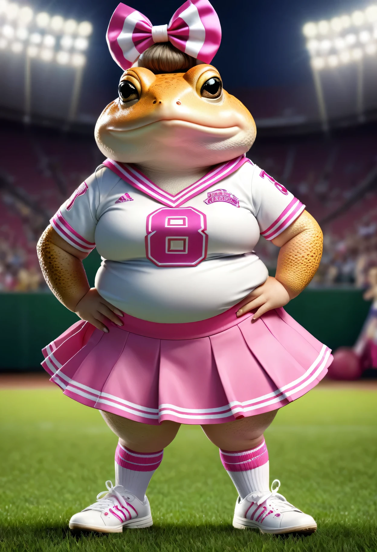 photorealistic portrait of Dressed animals - a ((fat))pink ((toad)) cheerleader,(full body image from head to toe:2.0), (hands on hips:2.0),(standing), (ribbon on head),high quality,(lovely) , highly detailed cute  top with team logo ,intricate detailed  short pleated skirt, highly detailed ((cheerleader's costume)) ,(highly detailed sox and sneakers),(looking at viewer:1.5), (closed mouth:1.2), natural lighting,, grass sports field background,score_9, score_8_up, score_7_up, score_6_up, score_5_up, score_4_up,
