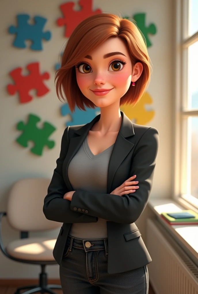 A 37-year-old woman, with short thin and straight light copper-brown hair, a round smiling face and brown eyes, wearing a gray shirt, black blazer, and black jeans. Full-length portrait, looking at camera, 3D, pixar style, cartoon. Background wall with red, blue, green and yellow puzzle