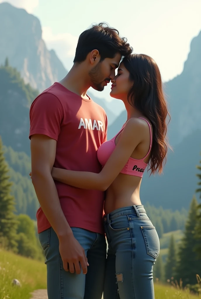 Create 3D realistic photo of a 20 year old couple, they are kissing, romantic scene, background beautiful mountains with greenery around. Boy is wearing red t shirt and blue pant and name "Amar" is written on t shirt, girl is wearing pink bra looking beautiful name "Priya" is written on bra, hyper realistic photo