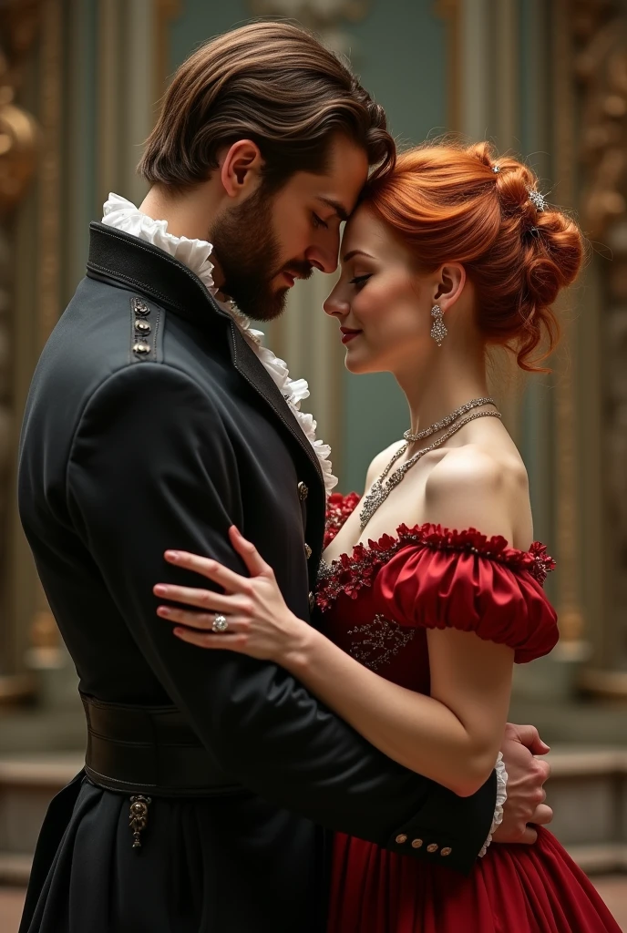 couple hugging tall and strong man short red-haired woman 19th century period romance aristocracy
