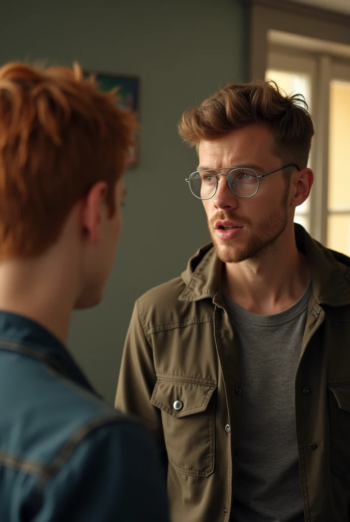 A 25 year old man with short brown hair talking seriously to a redheaded man who was lying and a blonde woman