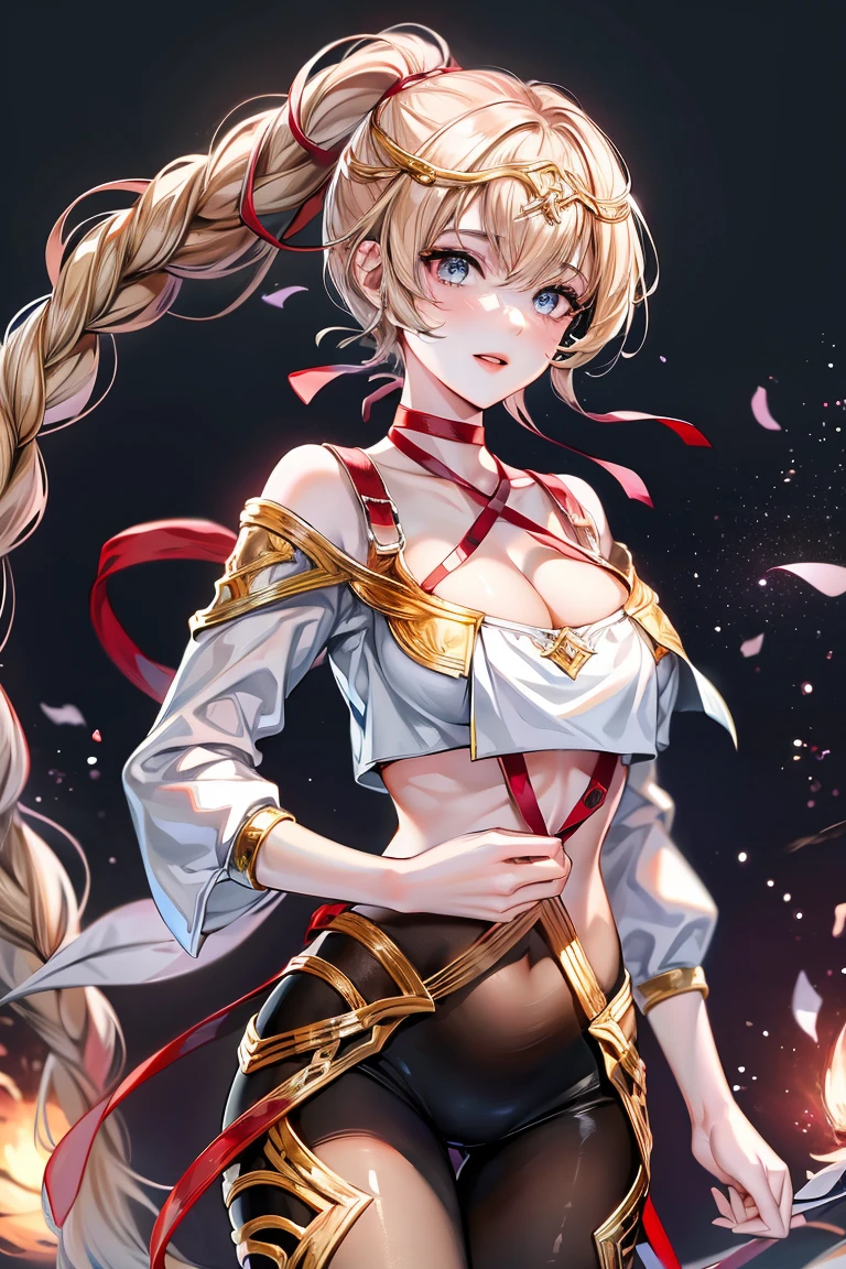 最高masterpiece、16K、最high quality、Detailed face、Detailed eyes、Epic Seven Style、girl、 (Wavy Ponytail, Shoulder hair, Very long hair, very thick hair), Blonde or white hair、Have beautiful eyes, Golden Eyes, Star-shaped pupil, Diamond-shaped pupils), smile, Happy , Big Breasts, Cleavage, Crescent moon earrings, Casual wear goddess, 2 pairs of leather collars with beautiful jeweled feathers), (Hair Flower Hairpins), Using Lens Flare, chromatic aberration, Attention to detail, anime, Romanticism, About Art, Written boundary depth, Motion Blur, Dazzling Light, Film Grain, 超High resolution, retina, Accurate, masterpiece, Anatomically correct, Rough skin, Very detailed, Attention to details, high quality, Awards, 最high quality, High resolution, 16K, put your hands behind your back