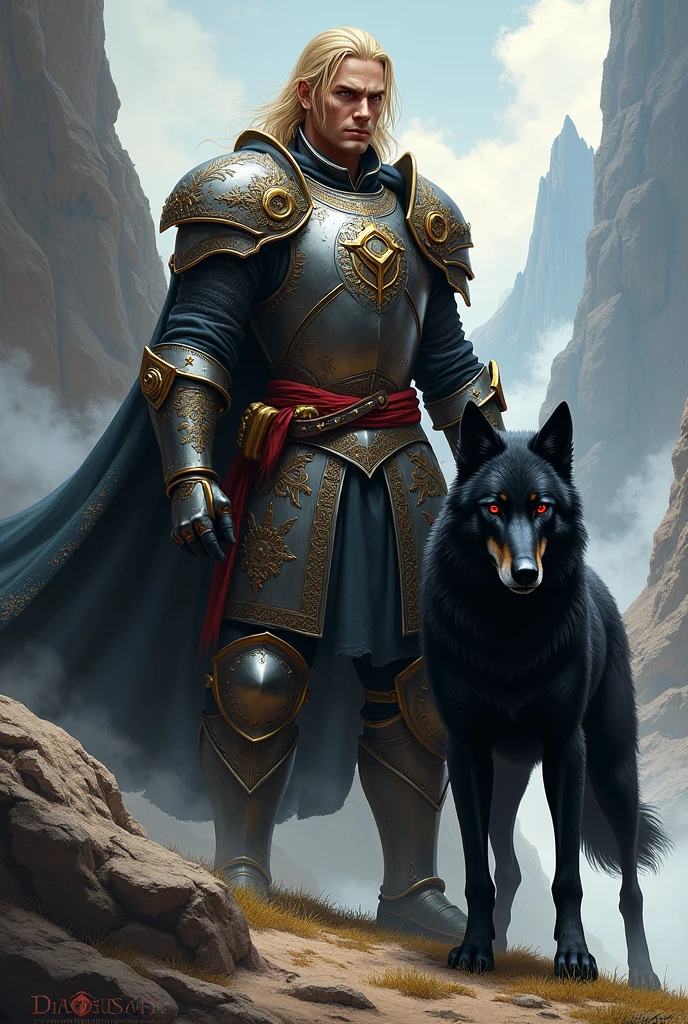 Blond man in medieval armor with his red-eyed black wolf mascot