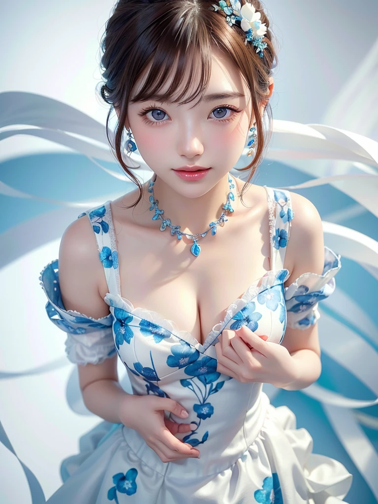 8k,Confused, High resolution, Very detailed, 1 girl, alone, Very beautiful eyes, Ultra-precise depiction, artistic、Very detailed depiction, (Tangled:1.2), , (White high key background:1.5), (((White dress with blue floral pattern 1.5))), 、 short hair、Loose wavy hair、Earrings and Necklaces、Brown Hair, (Glowing Skin), Many colors, , (Shooting from above:1.2),、Flat Body、slim、cute、、Round face、Cast a Shadow、、Smile 1.3、(((Place both hands on chest 1.4)))、