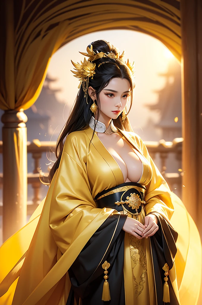 Black Hair, Immortal, Beauty, Royal sister, Stepmother, Gold Yellow Taoist robe, Golden Phoenix Coronet, Hair Bunch, Beautiful Breasts , Mature Woman，Sunshine