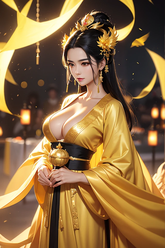 Black Hair, Immortal, Beauty, Royal sister, Stepmother, Gold Yellow Taoist robe, Golden Phoenix Coronet, Hair Bunch, Beautiful Breasts , Mature Woman,Sunshine