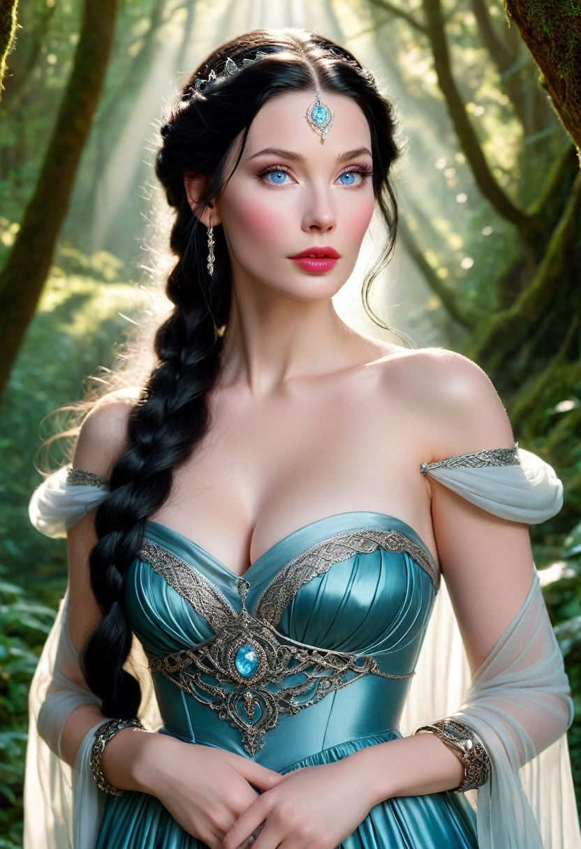 ARWEN (( THE LORD OF THE RINGS)), BEAUTIFUL BLACK HAIR WOMAN, HUGE LONG BLACK HAIR, VOLUMOUS HAIR, BRAIDED HAIR, EXPOSED TIP EARS, VERY PALE SKIN, TURCOISE BLUE EYES, EXPRESSIVE TURCOISE EYES, LOVELY FACE EXPRESSION, GORGEOUS LIPIS, SOFT LIPSTICK, ROSY CHEEKS, HIGH CHEEKBONES, MENTAL FORAMEN, STRAPLESS CLEAVAGE, FRONTAL ANGLE SHOT, LONG VICTORIAN DRESS, SILVER BRACELETS, SILVER CHOKE COLAR, FULL BODY PERSPECTIVE, DEEP FORREST BACKGROUND, DAYLIGHTS, STRONG BACKLIGHTS, SUN, MASTERPIECE