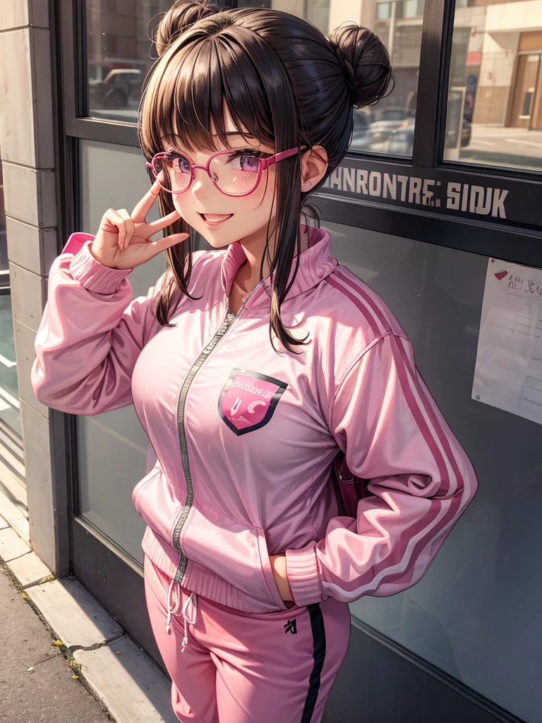 Best quality, masterpiece, junior high school girl, hair in a bun, ultra high quality, smiling, bangs down, fake glasses, horny girl, naughty girl, pink track jacket, track pants, absurd, big breasts, long pants, standing, perfect, beautiful girl, perfect beautiful girl