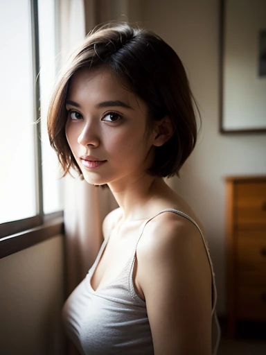 “Realistic, soft morning sunlight gently illuminating a stylish white hotel room, with an 18-year-old woman sitting naturally on a bed. The image is in high-resolution 16k with detailed, lifelike textures. She has a natural skin tone with a subtle, matte finish, avoiding excessive shine. Her black eyes and shy smile are lit softly, avoiding harsh shadows or overly dramatic lighting. Her medium-short hair is lightly tousled, and she wears a simple gray t-shirt. The room is bathed in a warm, natural light, avoiding any dark or overly shadowed areas, creating a bright and welcoming atmosphere. The overall effect should be that of a candid, natural moment captured in a well-lit environment, focusing on authenticity and realism.”