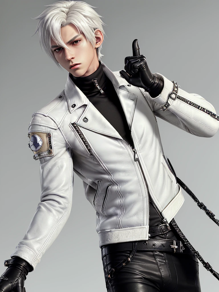 (Final fantasy taste and reality graphics), ((Japanese young cute and cool ikemen  boy)),((1 boy)), his age is early 20s, thin eyebrows and beady eyes,  ((((boy wearing off white color single-brest thick leather jacket, with epaulet)))), ((((jacket is long sleeve)))), ((((leather jacket close all zippers)))),,(((jacket collar is high length and stand-up with two belts))),  (((also wearing black thick turtleneck polyester shirts))),  (((((put on tight and black color leather long length pants))))),  (((((put on tight and thin black leather glove,covered from full finger both hands))))), ((put black leather knee-high raceup boots)),(((whole body))), ,boy is black hair,