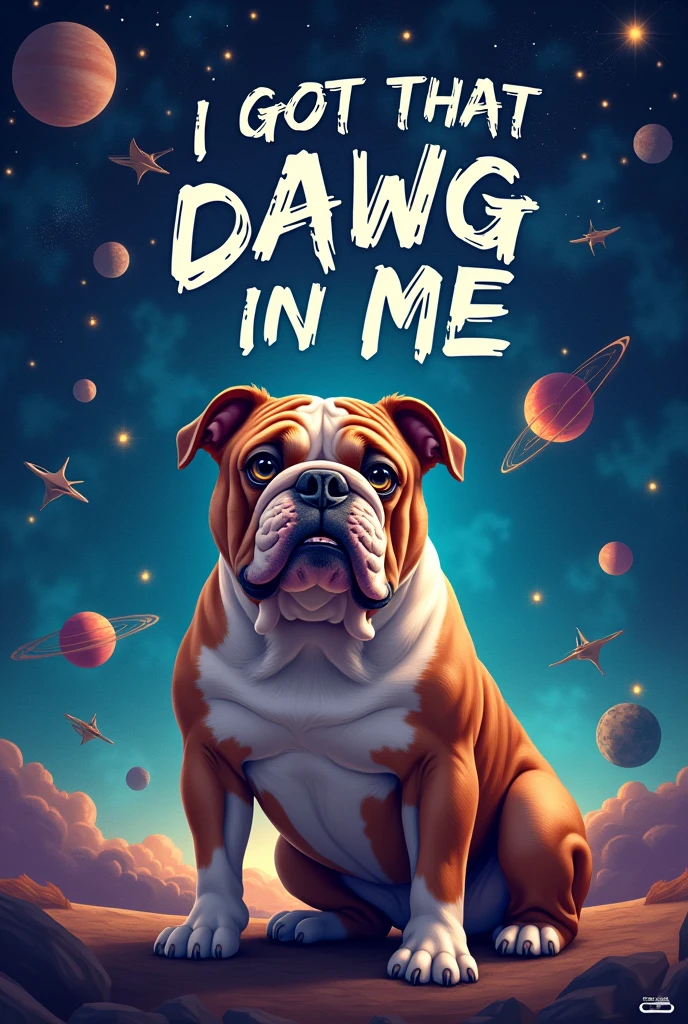 An outer space themed background with satellites and stars with a bulldog that says “I got that dawg in me” and the words I got that dawg in me on the image