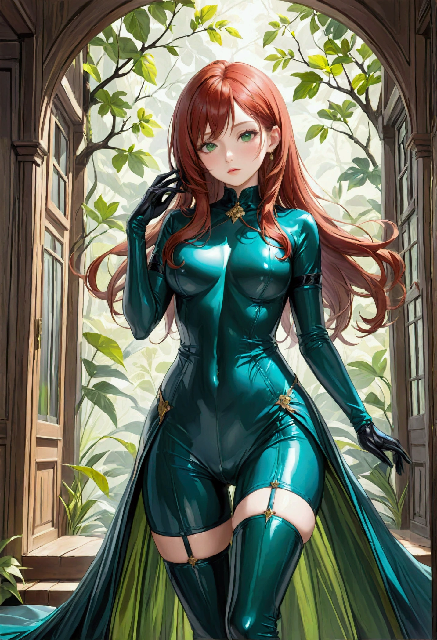 Sexy redhead, emerald green eyes, red latex bra, red latex thong, red latex opera gloves, red latex thigh highs, 18+, promiscuous, flirtatious pose