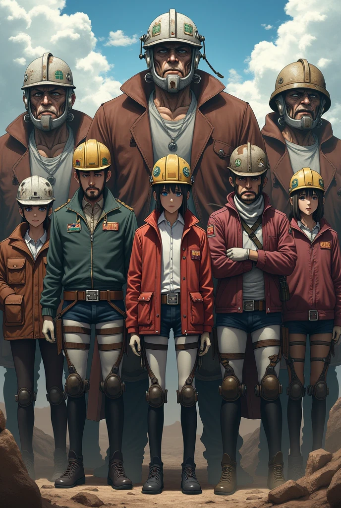 The 9 Titans of Shingeki no Kyojin with workers&#39; helmets