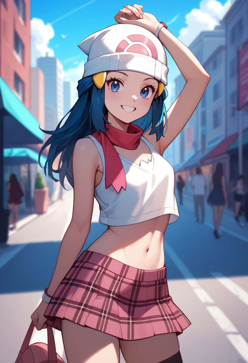 masterpiece, Best Quality, 1 girl, dawn \(Pokémon\), without hat, by the wide, For the blue, blue eyes, plaid skirt,crop top,Top celeste, smile, looking at the viewer, city background,Street,sexy