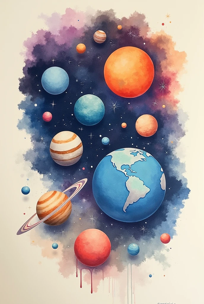 universe。Lots of planets。moon、Pluto、Jupiter、Mars、Venus。Fantasy。There is no one。Watercolor。