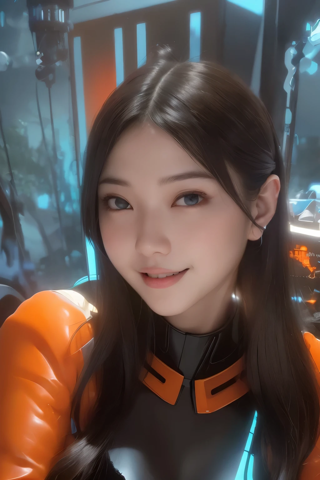 Top Quality, Masterpiece, Ultra High Resolution, (Photorealistic: 1.4), Raw Photo, 1 Girl, Black Hair, Glossy Skin, 1 Mechanical Girl, (((Ultra Realistic Details)), Portrait, Global Illumination, Shadows, Octane Rendering, 8K, Ultra Sharp, Intricate Ornaments Details, realistic skin, sweat effect, ((wearing Headphone)), very intricate detail, realistic light, CGSoation trend, brown eyes, glowing eyes, matte black and glossy orange mechanical bodysuit, Long hair, black hair, Ponytail hair, Half body shot, spaceship bridge background, dynamic pose, cute smile, close up, Open Mouth, facing audience