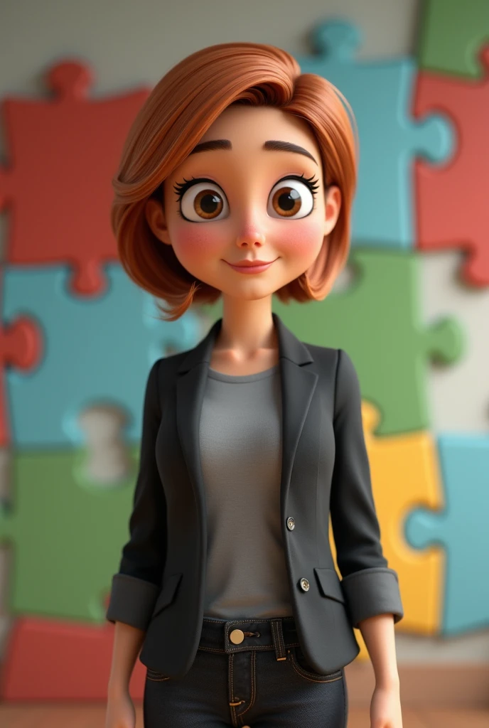 A 37-year-old woman, with short thin and straight light copper-brown hair, a round smiling face and brown eyes, wearing a gray shirt, black blazer, and black jeans. Full-length portrait, looking at camera, 3D, pixar style, cartoon. Background wall with red, blue, green and yellow puzzle
