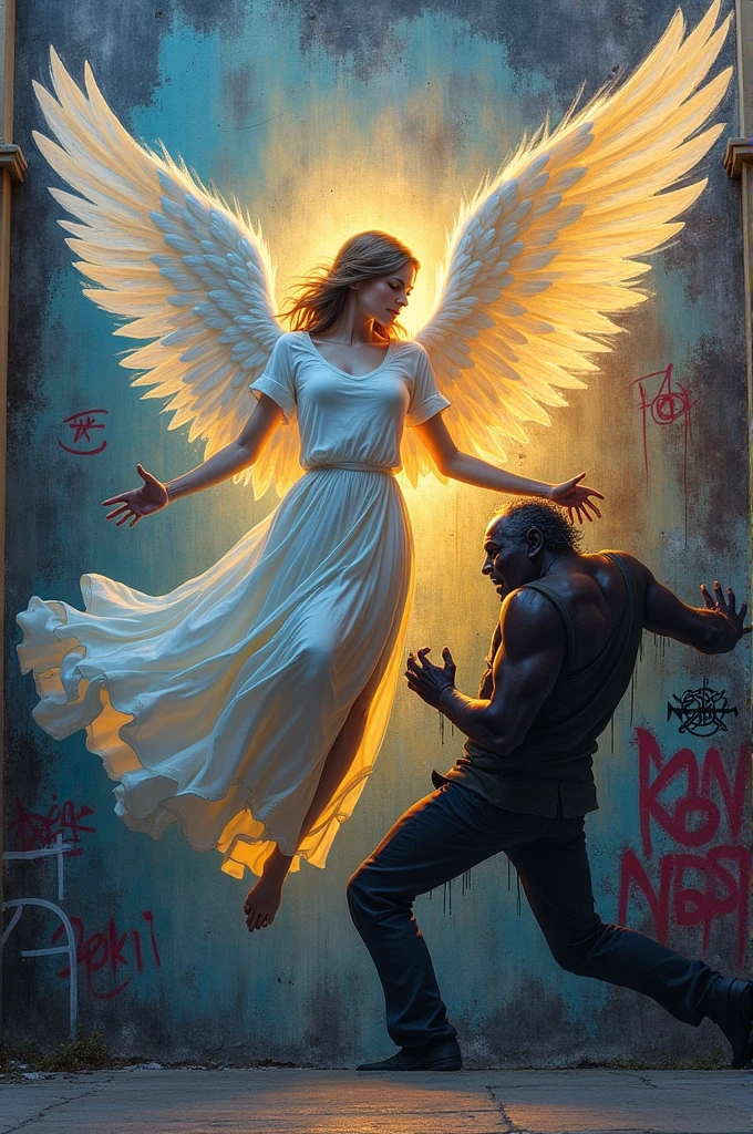 Angel graffitiing a man&#39;s evil spirit