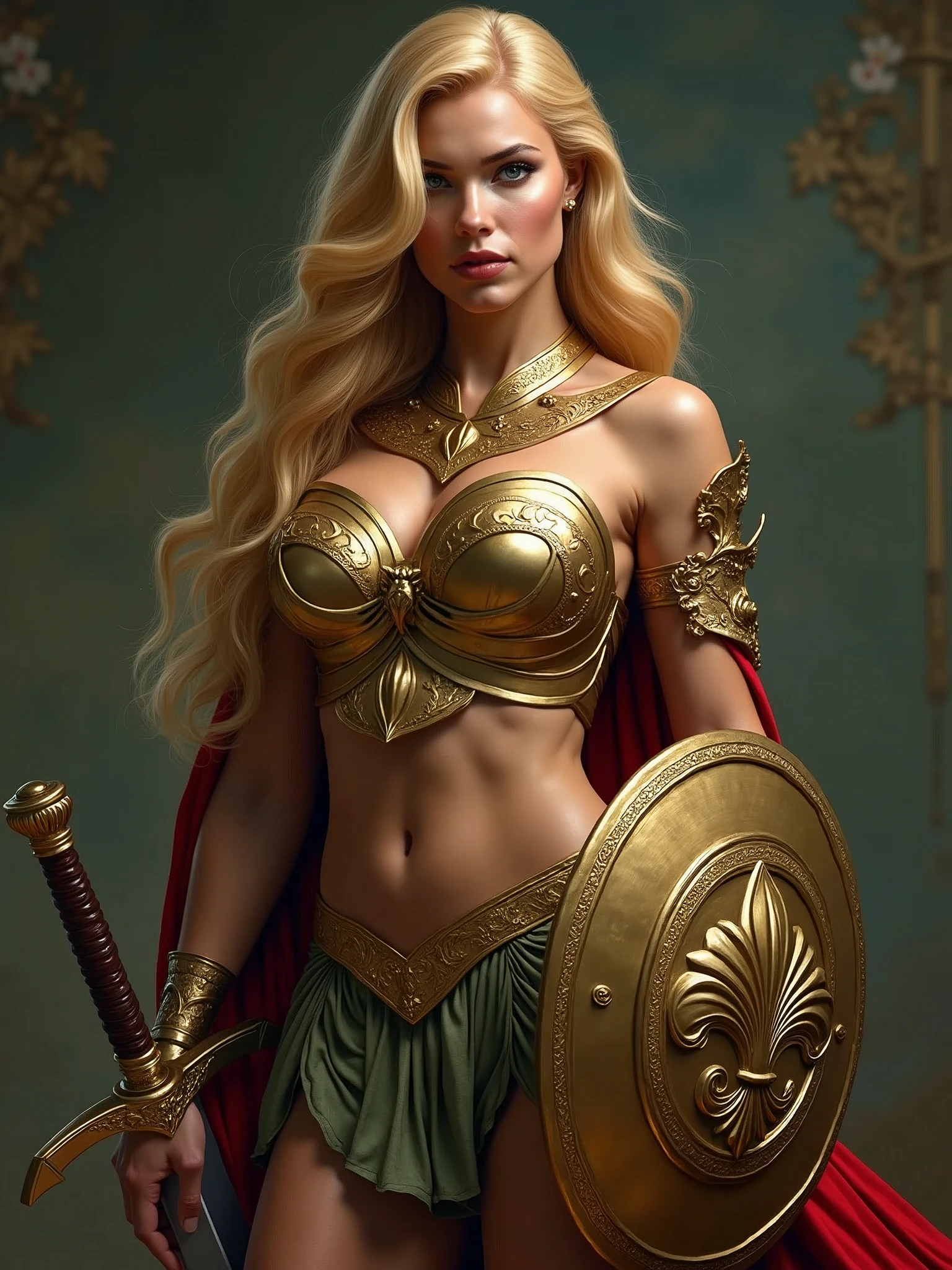 An Amazon posing with confidence and courage.  Body: the face is a fusion of Christina Hendricks and Jessica Chastain. She has a very long blonde hair. The breasts and hips are big and very strong and toned huge. The waist is tiny.  Clothes: Amazon armoured suit. The armor is bright gold with crimson and green Flowers details. She has a long sword and a shield with lily relief symbol.  Image style and definition: ultra realistic photo, feminine figure, portraits, Reductionist form, mujercore, bold lines, an Inferior Physical Goddess