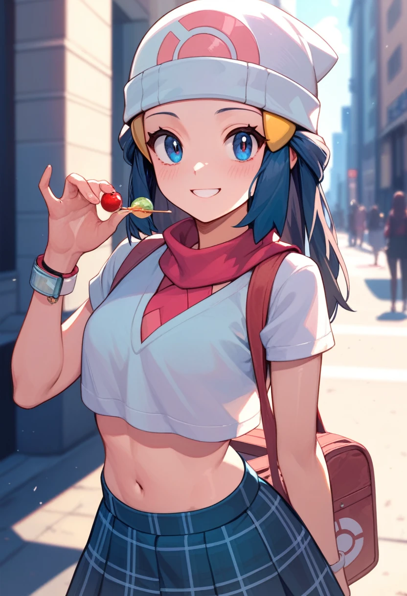 masterpiece, Best Quality, 1 girl, dawn \(Pokémon\), without hat, by the wide, For the blue, blue eyes, plaid skirt,crop top,Top celeste, smile, looking at the viewer, city background,Street,sexy,schoolbag