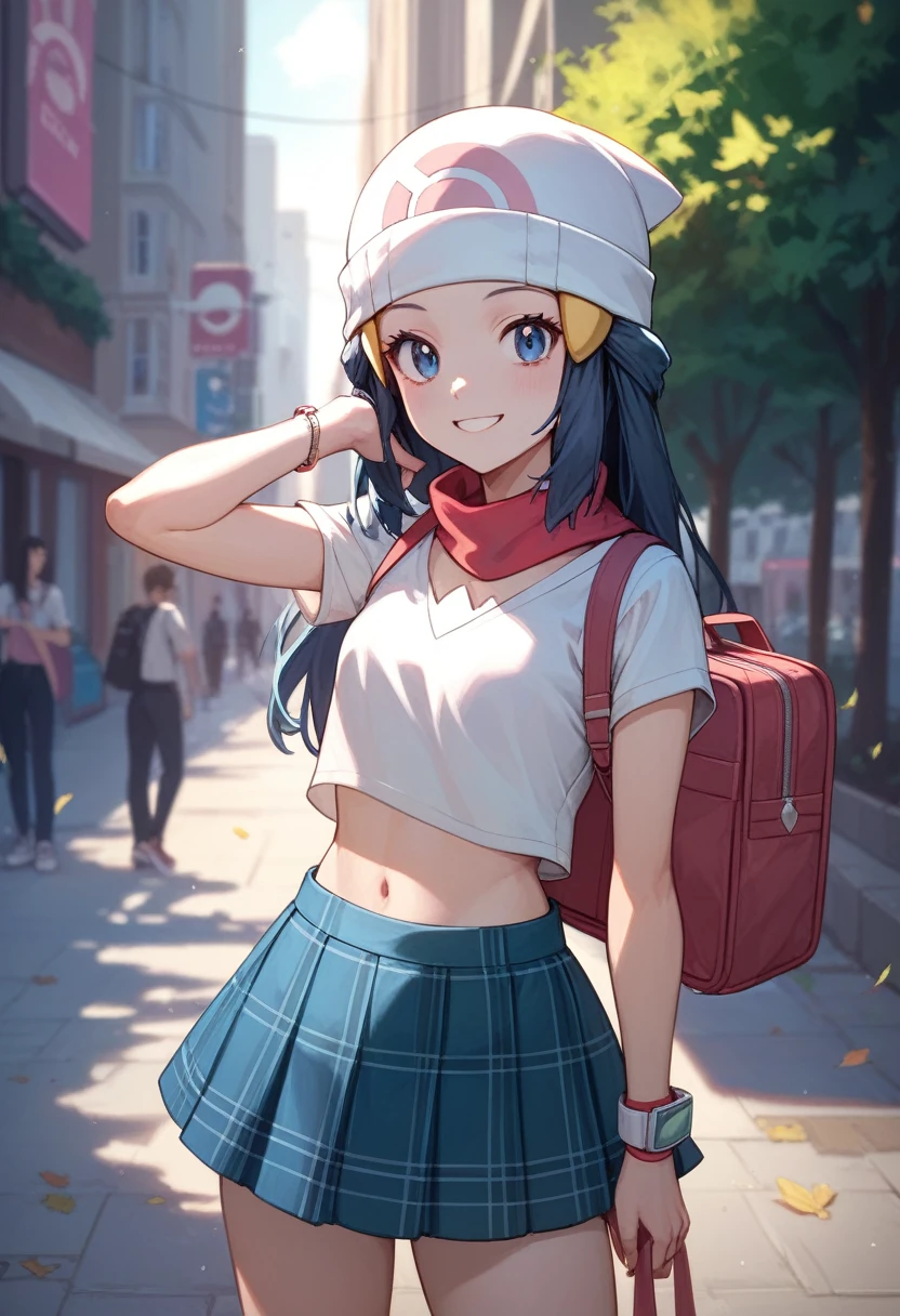 masterpiece, Best Quality, 1 girl, dawn \(Pokémon\), without hat, by the wide, For the blue, blue eyes, plaid skirt,crop top,Top celeste, smile, looking at the viewer, city background,Street,sexy,schoolbag