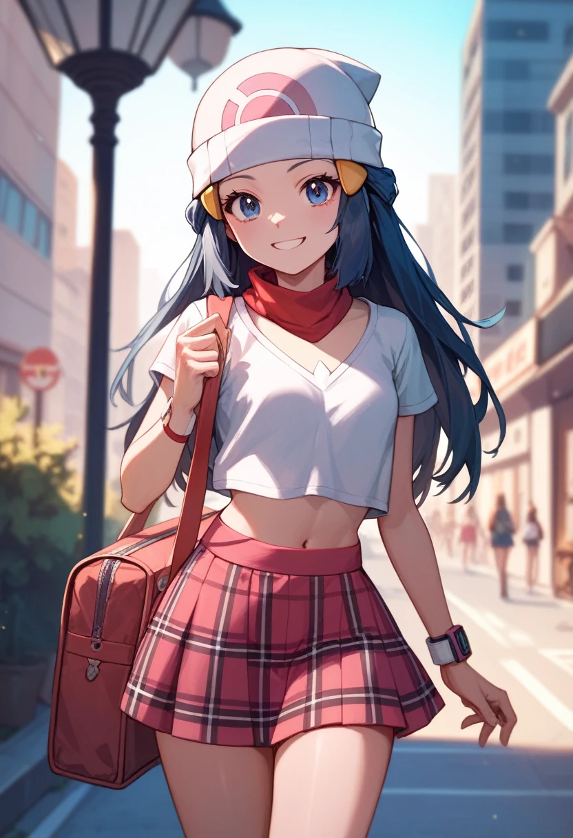 masterpiece, Best Quality, 1 girl, dawn \(Pokémon\), without hat, by the wide, For the blue, blue eyes, plaid skirt,crop top,Top celeste, smile, looking at the viewer, city background,Street,sexy,schoolbag