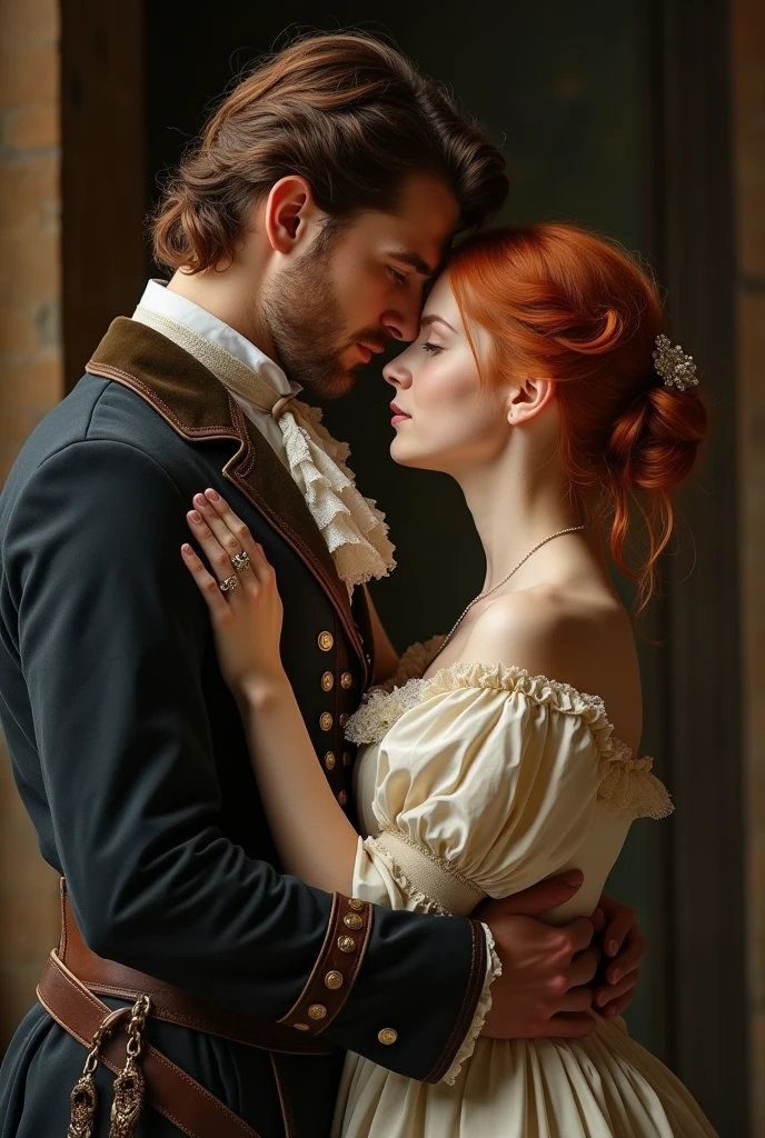 couple hugging tall and strong man short red-haired woman loose hair 19th century period romance aristocracy