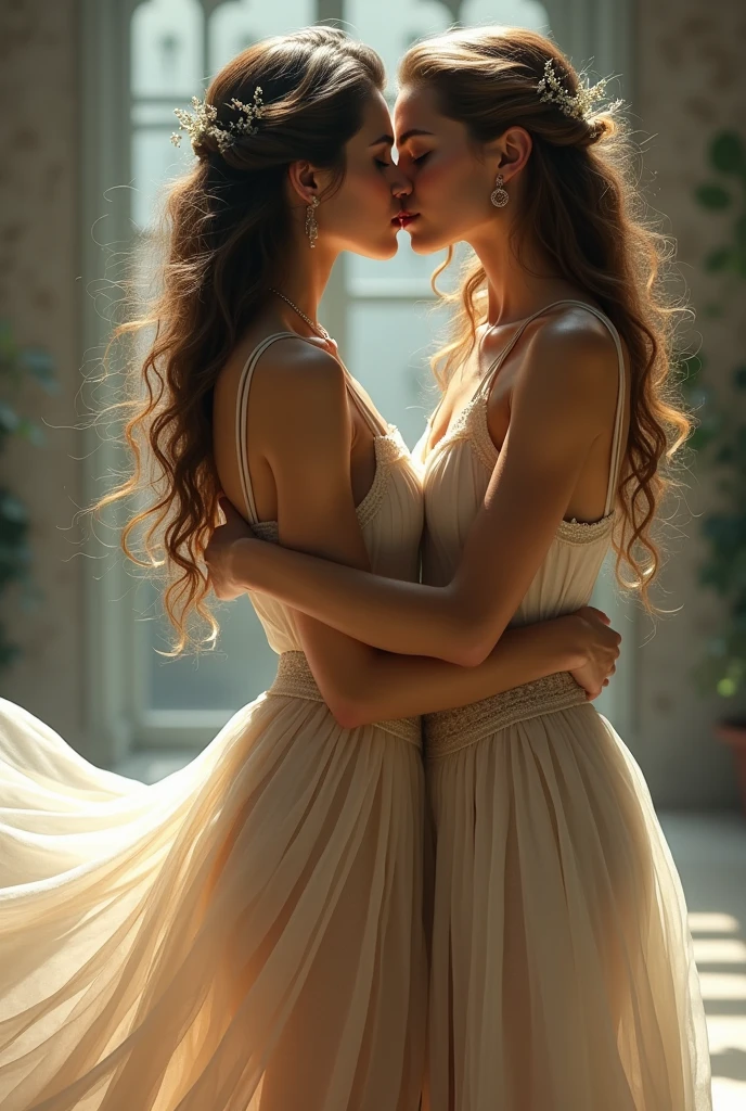 Women kissing in skirts