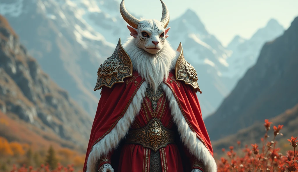 Austria as a classic imperialist european League of Legend creature in red and white colors. Intricated clothing. Cinematic Fantasy sci-fi landscape background