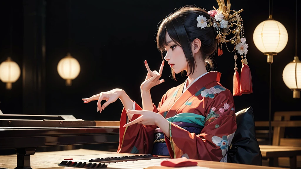 (Tabletop, Highest qualityの, Highest quality, Official Art, beautifully、aesthetic:1.2), (1 girl),Fancy costumes(Gorgeous Japanese kimono(colorful kimono(Detailed embroidery))), Very detailed,(Fractal Art),colorful,Best DetailsCreate an illustration of an anime-style character who is sitting at a grand piano, playing the keys. The character should be positioned so that their side profile is visible, clearly showing them engaged with the piano. The character should be wearing a colorful and vibrant furisode (a type of traditional long-sleeved kimono). The color palette should be bright and pop, creating an energetic and cheerful atmosphere. Additionally, the character’s hairstyle should be styled in an oiran (traditional courtesan) fashion, which typically includes elaborate hair ornaments and a sophist(Tabletop, Highest qualityの, Highest quality, Official Art, beautifully、aesthetic:1.2), (1 girl),Fancy costumes(Gorgeous Japanese kimono(colorful kimono(Detailed embroidery))), Very detailed,(Fractal Art),colorful,Best DetailsCreate an illustration of an anime-style character who is sitting at a grand piano, playing the keys. The character should be positioned so that their side profile is visible, clearly showing them engaged with the piano. The character should be wearing a colorful and vibrant furisode (a type of traditional long-sleeved kimono). The color palette should be bright and pop, creating an energetic and cheerful atmosphere. Additionally, the character’s hairstyle should be styled in an oiran (traditional courtesan) fashion, which typically includes elaborate hair ornaments and a sophisticated updo. Ensure that the character’s hands are accurately and naturally positioned on the piano keys, with detailed and proportionate fingers. The character’s eyes should be expressive and well-aligned, reflecting joy and immersion in the music. The overall image should exude a lively and dynamic vibe. The background can complement the character with equally vivid and playful colors, perhaps including musical notes or other elements that emphasize the musical theme. This illustration should be eye-catching and full of life, capturing the essence of a vibrant and engaging scene.One girl,