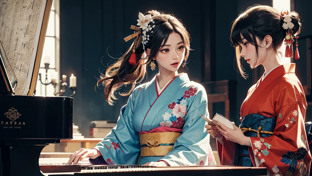(Tabletop, Highest qualityの, Highest quality, Official Art, beautifully、aesthetic:1.2), (1 girl),Fancy costumes(Gorgeous Japanese kimono(colorful kimono(Detailed embroidery))), Very detailed,(Fractal Art),colorful,Best DetailsCreate an illustration of an anime-style character who is sitting at a grand piano, playing the keys. The character should be positioned so that their side profile is visible, clearly showing them engaged with the piano. The character should be wearing a colorful and vibrant furisode (a type of traditional long-sleeved kimono). The color palette should be bright and pop, creating an energetic and cheerful atmosphere. Additionally, the character’s hairstyle should be styled in an oiran (traditional courtesan) fashion, which typically includes elaborate hair ornaments and a sophist(Tabletop, Highest qualityの, Highest quality, Official Art, beautifully、aesthetic:1.2), (1 girl),Fancy costumes(Gorgeous Japanese kimono(colorful kimono(Detailed embroidery))), Very detailed,(Fractal Art),colorful,Best DetailsCreate an illustration of an anime-style character who is sitting at a grand piano, playing the keys. The character should be positioned so that their side profile is visible, clearly showing them engaged with the piano. The character should be wearing a colorful and vibrant furisode (a type of traditional long-sleeved kimono). The color palette should be bright and pop, creating an energetic and cheerful atmosphere. Additionally, the character’s hairstyle should be styled in an oiran (traditional courtesan) fashion, which typically includes elaborate hair ornaments and a sophisticated updo. Ensure that the character’s hands are accurately and naturally positioned on the piano keys, with detailed and proportionate fingers. The character’s eyes should be expressive and well-aligned, reflecting joy and immersion in the music. The overall image should exude a lively and dynamic vibe. The background can complement the character with equally vivid and playful colors, perhaps including musical notes or other elements that emphasize the musical theme. This illustration should be eye-catching and full of life, capturing the essence of a vibrant and engaging scene.One girl,